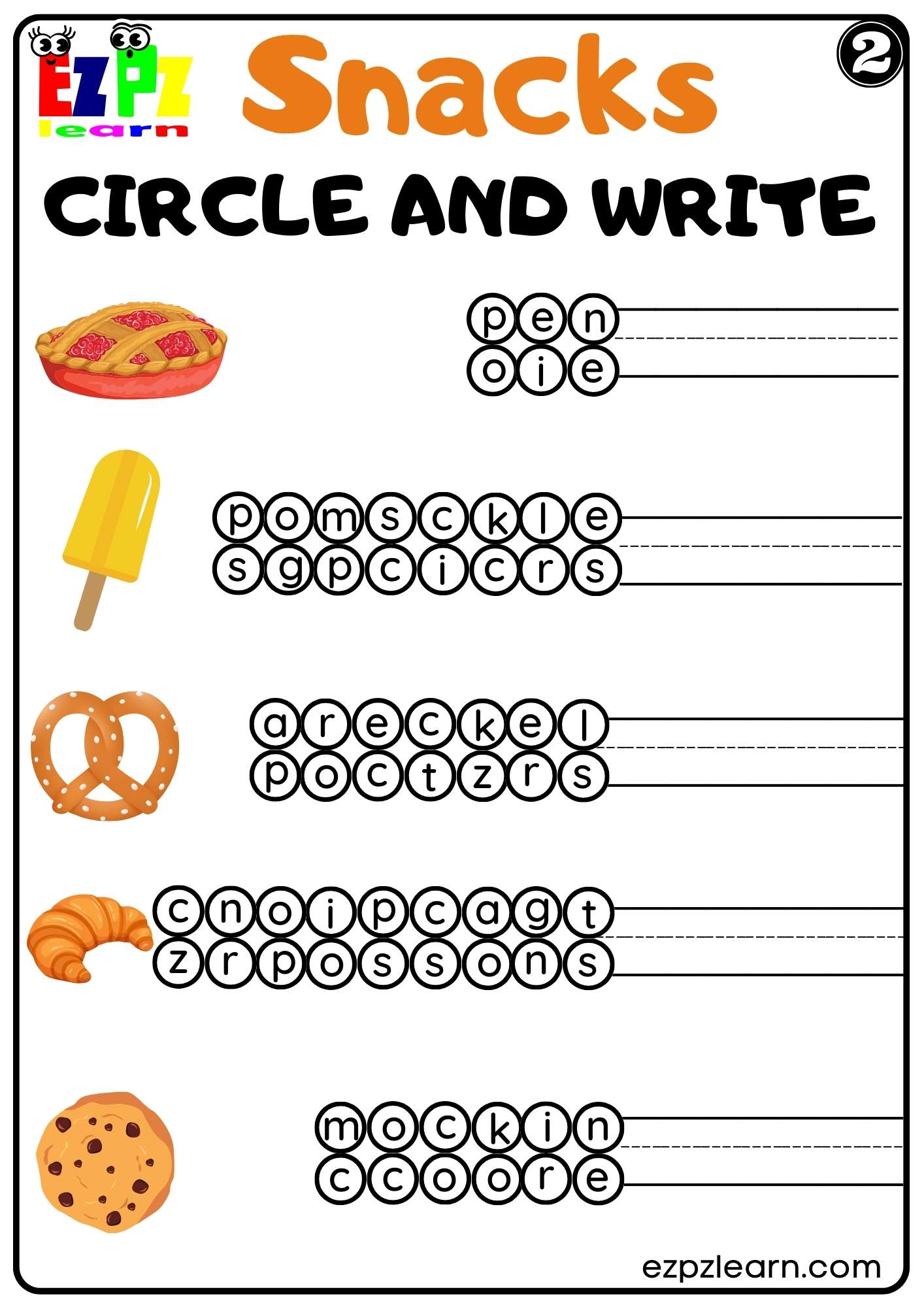 Snacks Circle and Write Worksheet For Kindergarten K5 and ESL Teachers Free PDF Download Set2